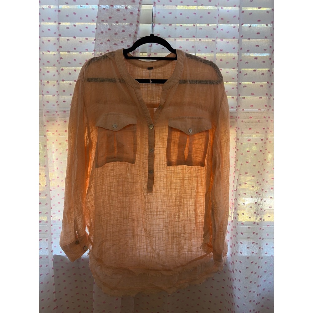 Free People Peach Gauze Button Down Tunic Blouse Raw Hem Medium